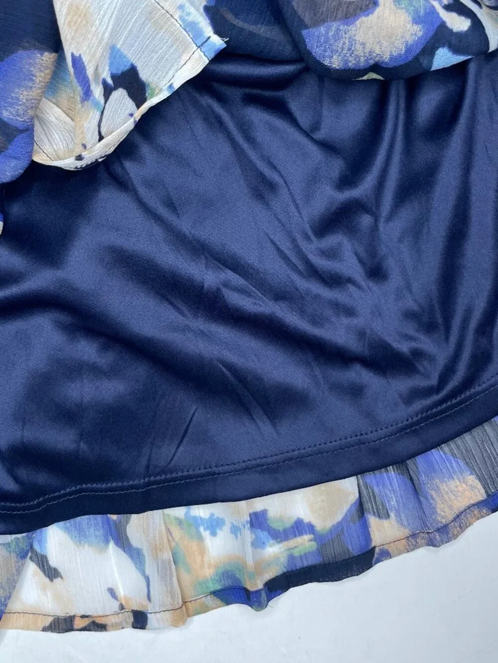 LOVESTITCH Boho Chiffon Halter Dress Blue Floral Surplice Wrap Flounce Trim L - Picture 10 of 15